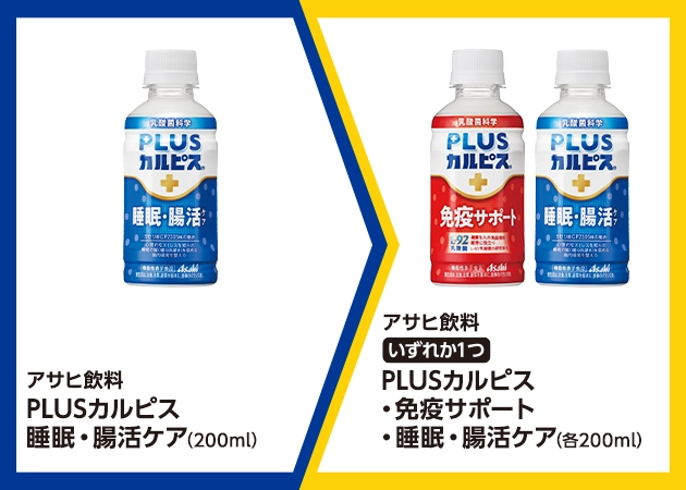アサヒ飲料 PLUSカルピス 睡眠・腸活ケア(200ml)を1本購入で、アサヒ飲料 PLUSカルピス 免疫サポート(200ml)またはPLUSカルピス 睡眠・腸活ケア(200ml)無料引換券(いずれか1本)プレゼント！