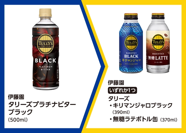 伊藤園 タリーズ プラチナビター ブラック(500ml)を1本購入で、伊藤園 タリーズ キリマンジャロブラック(390ml)または無糖ラテボトル缶(370ml)無料引換券プレゼント！