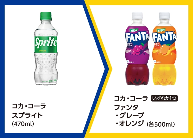 コカ・コーラ スプライト(470ml)を1本購入で、コカ・コーラ ファンタ グレープまたはオレンジ(各500ml)無料引換券プレゼント!