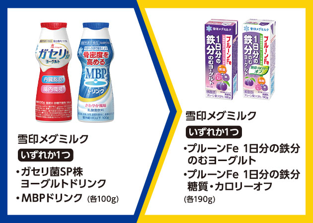 雪印メグミルク ガセリ菌SP株ヨーグルトドリンクまたはMBPドリンク(各100g)を1本購入で、雪印メグミルク プルーンFe 1日分の鉄分 のむヨーグルトまたはプルーンFe 1日分の鉄分 糖質・カロリーオフ(各190g)無料引換券プレゼント！
