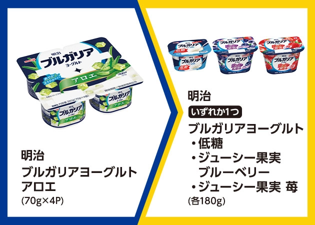明治 ブルガリアヨーグルト アロエ(70g×4パック)を1個購入で、明治 ブルガリアヨーグルト 低糖またはジューシー果実 ブルーベリーまたはジューシー果実 苺(各180g)無料引換券プレゼント!