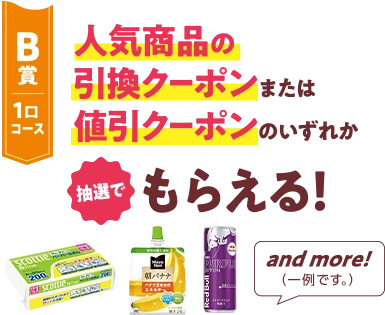 B賞1口コース 人気商品の引換クーポンまたは値引クーポンのいずれか 抽選でもらえる！