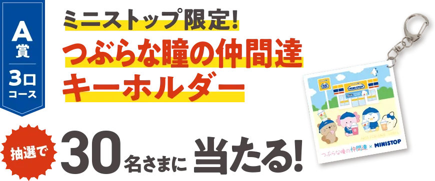 A賞3口コース ミニストップ限定！つぶらな瞳の仲間達キーホルダー 抽選で30名さまに当たる！