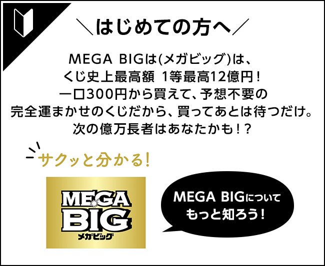 はじめての方へ　MEGABIGは、くじ史上最高額1等最高12億円！一口300円から買えて、予想不要の完全運任せのくじだから、買ってあとは待つだけ。次の億万長者はあなたかも！？