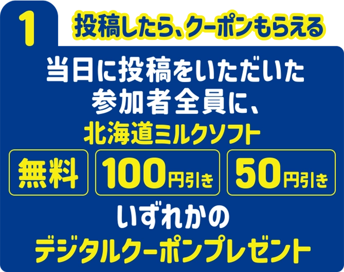 1.投稿したら、クーポンもらえる 当日に投稿いただいた参加者全員に、北海道ミルクソフト無料・100円引き・50円引きいずれかのデジタルクーポンプレセント