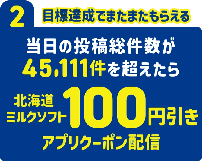 2.目標達成でまたまたもらえる 当日の投稿総件数が45,111件を超えたら北海道ミルクソフト100円引きアプリクーポン配信