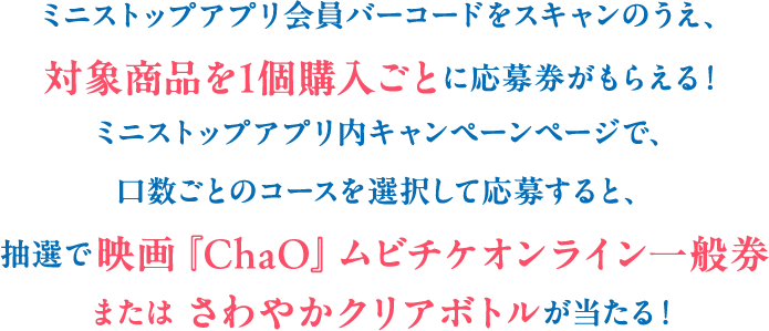 ミニストップアプリ会員バーコードをスキャンのうえ、対象商品を1個購入ごとに応募券がもらえる！ミニストップアプリ内キャンペーンページで、口数ごとのコースを選択して応募すると、抽選で映画「ChaO」ムビチケオンライン一般券またはさわやかクリアボトルが当たる！