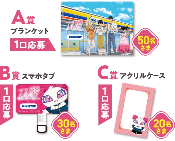 A賞50名さま(1口応募) ブランケット、B賞30名さま(1口応募) スマホタブ、C賞20名さま(1口応募) アクリルケース