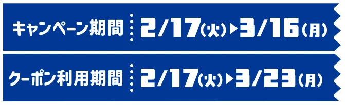 キャンペーン期間:2/17(火)~3/16(月)  クーポン利用期間:2/17(火)~3/23(月)