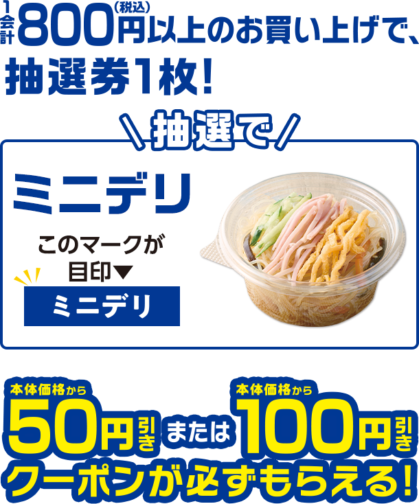 1会計800円(税込)以上のお買い上げで、抽選券1枚！ 抽選でミニデリ本体価格から50円引きまたは本体価格から100円引きクーポンが必ずもらえる！