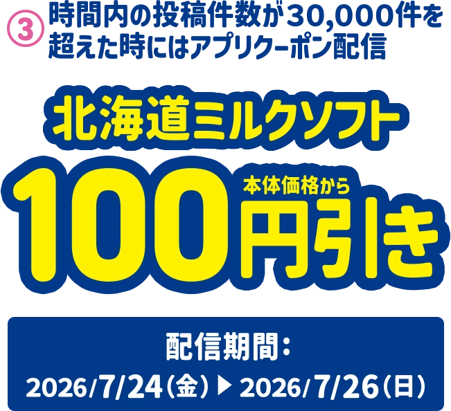 3.時間内の投稿件数が30,000件を超えた時にはアプリクーポン配信 北海道ミルクソフト本体価格から100円引き 配信期間:2026/7/24(金)~2026/7/26(日)
