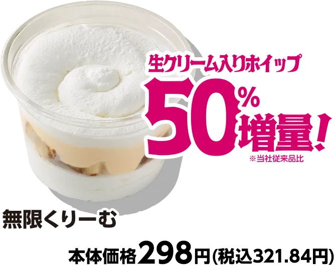 無限くりーむ 生クリーム入りホイップ50%増量 本体価格298円(税込321.84円)