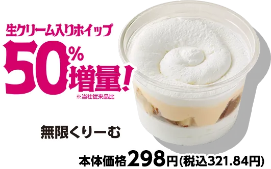 無限くりーむ 生クリーム入りホイップ50%増量 本体価格298円(税込321.84円)