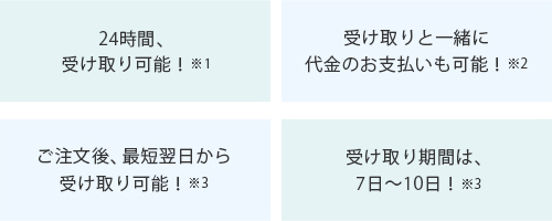 24時間、受け取り可能! 受け取りと一緒に代金のお支払いも可能! ご注文後、最短翌日から受け取り可能! 受け取り期間は、7日~10日!