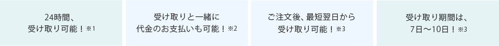24時間、受け取り可能! 受け取りと一緒に代金のお支払いも可能! ご注文後、最短翌日から受け取り可能! 受け取り期間は、7日~10日!