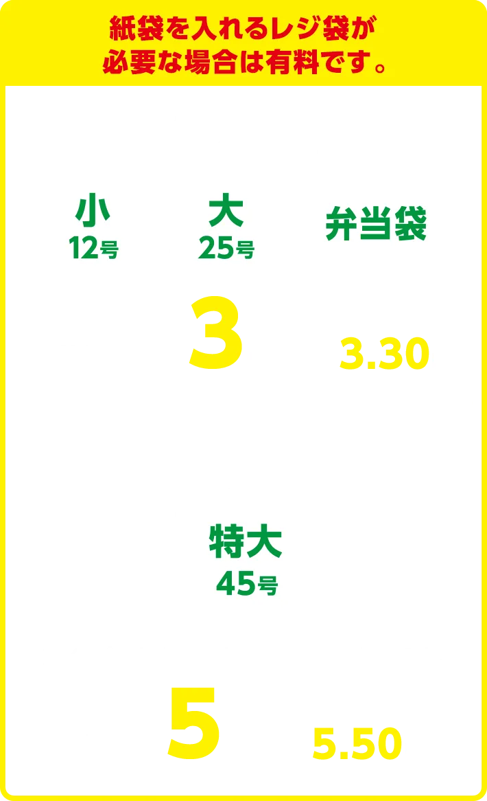 紙袋を入れるレジ袋が必要な場合は有料です。小12号　大25号　弁当袋　本体価格各2円(税込2.2円)　特大45号　本体価格4円(税込4.4円)