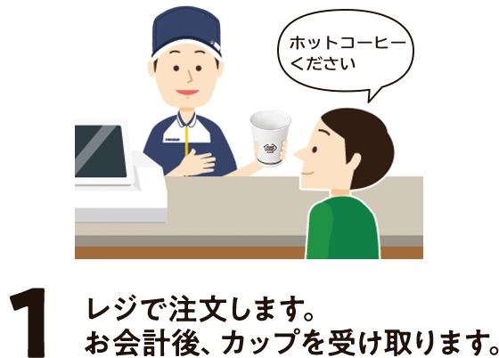 1.レジで注文します。お会計後、カップを受け取ります。