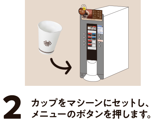 2.カップをマシーンにセットし、メニューのボタンを押します。
