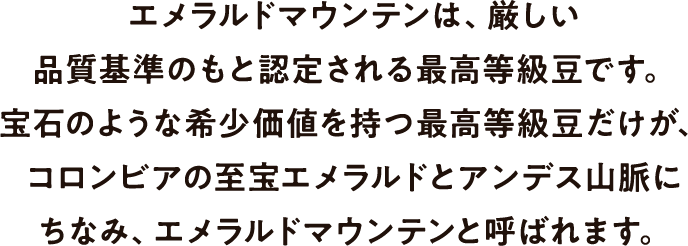 エメラルドマウンテンは、厳しい品質基準のもと認定される高級等級豆です。宝石のような希少価値を持つ高級等級豆だけが、コロンビアの至宝エメラルドとアンデス山脈にちなみ、エメラルドマウンテンと呼ばれます。