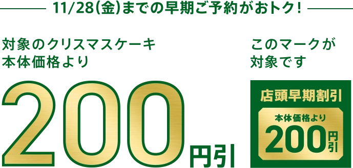 11月28日(金)までの早期ご予約がおトク！対象のクリスマスケーキ本体価格より200円引