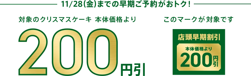 11月28日(金)までの早期ご予約がおトク！対象のクリスマスケーキ本体価格より200円引