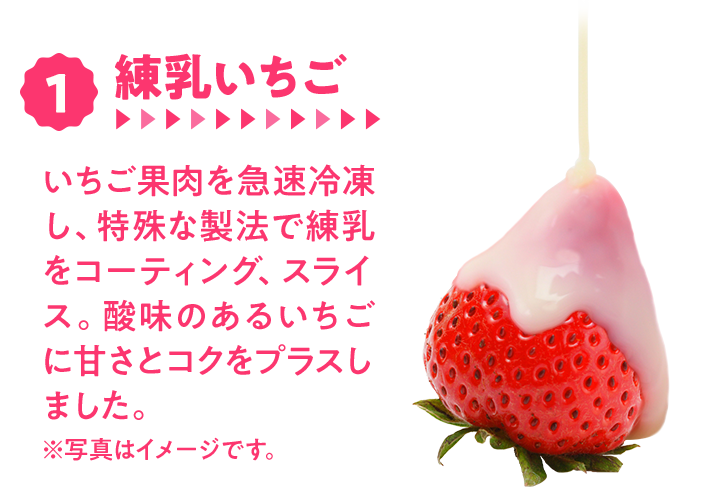 1.練乳いちご　いちご果肉を急速冷凍し、特殊な製法で練乳をコーティング、スライス。酸味のあるいちごに甘さとコクをプラスしました。※写真はイメージです。