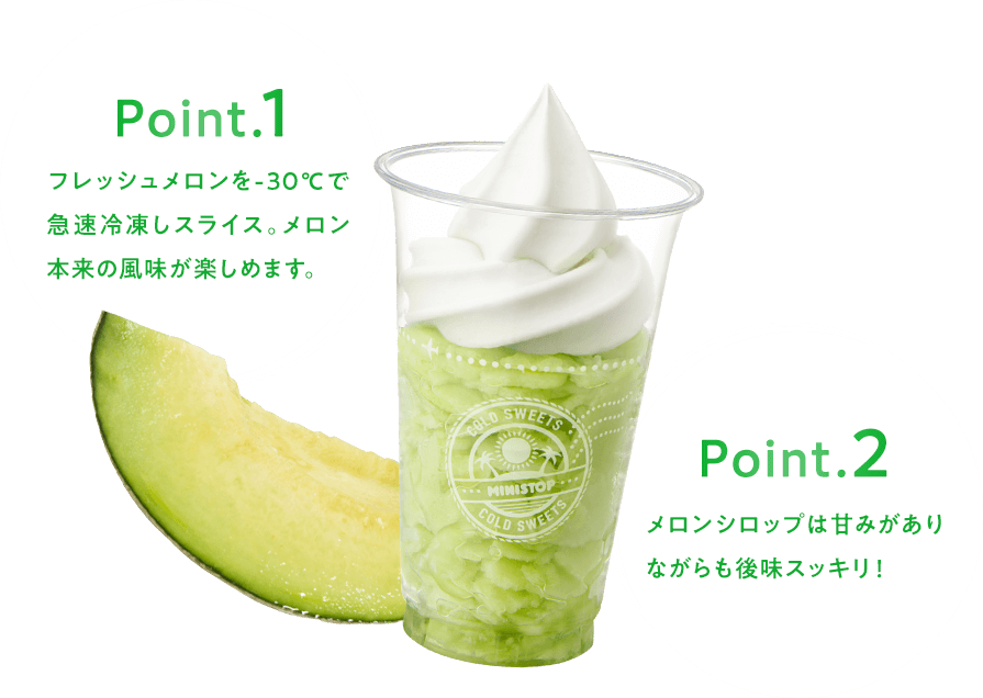 Point.1 フレッシュメロンを-30℃で急速冷凍しスライス。メロン本来の風味が楽しめます。 Point.2 メロンシロップは甘みがありながらも後味スッキリ！