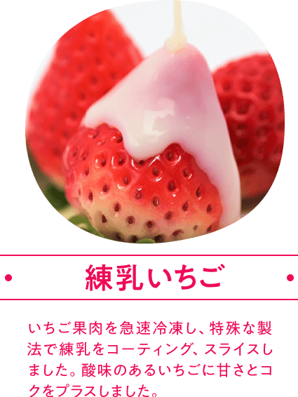 練乳いちご いちご果肉を急速冷凍し、特殊な製法で練乳をコーティング、スライスしました。酸味のあるいちごに甘さとコクをプラスしました。