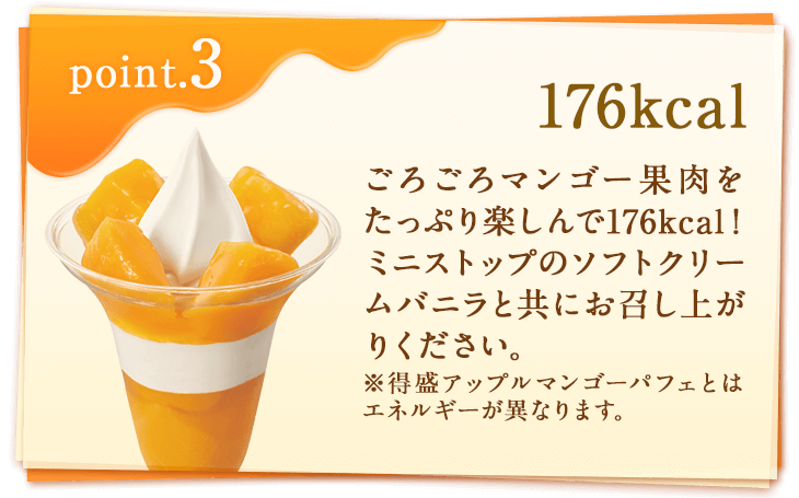 point3 176kcalごろごろマンゴー果肉をたっぷり楽しんで176kcal！ミニストップのソフトクリームバニラと共にお召し上がりください。※得盛アップルマンゴーパフェとはエネルギーが異なります。