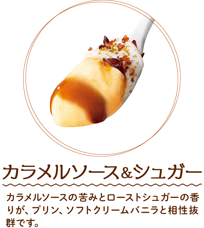 カラメルソース&シュガー　カラメルソースの苦みとローストシュガーの香りが、プリン、ソフトクリームバニラと相性抜群です。