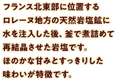 フランス北東部に位置するロレーヌ地方の天然岩塩鉱に水を注入した後、釜で煮詰めて再結晶させた岩塩です。ほのかな甘みとすっきりした味わいが特徴です。
