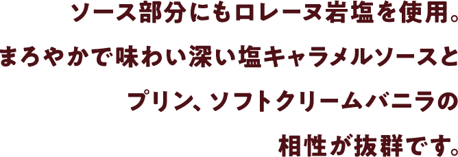 ソース部分にもロレーヌ岩塩を使用。まろやかで味わい深い塩キャラメルソースとプリン、ソフトクリームバニラの相性が抜群です。