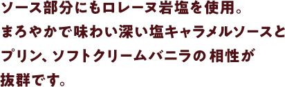 ソース部分にもロレーヌ岩塩を使用。まろやかで味わい深い塩キャラメルソースとプリン、ソフトクリームバニラの相性が抜群です。