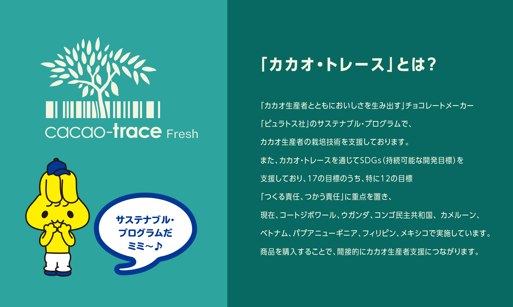 「カカオ・トレース」とは？ カカオの産地で生産者の栽培技術を支援し、独自のカカオ発酵技術により価値を高め、生産者の収入・生活水準の向上をサポートするという仕組み。2014年にベトナムで、2017年にコートジボワールでそれぞれローンチされ、2021年現在、フィリピン、パプアニューギニア、メキシコ、ウガンダ、さらにカメルーンが加わり2023年現在、7か国で実施されています。これまでに小学校や浄水施設などを産地に新設したほか、生産者にもボーナスを還元しています。