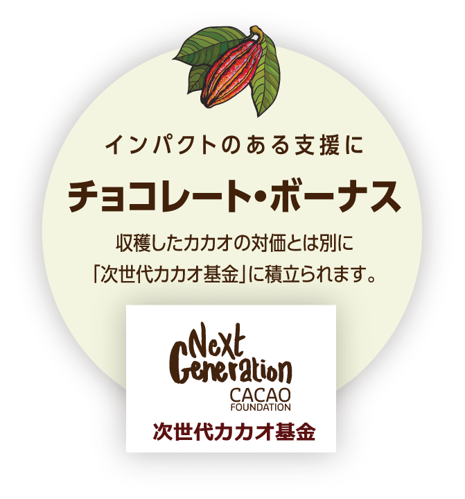 インパクトのある支援に チョコレート・ボーナス 収穫したカカオの対価とは別に「次世代カカオ基金」に積立られます。