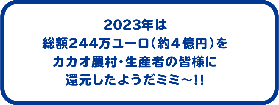 2024年は総額244万ユーロ（約4億円）をカカオ農村・生産者の皆様に還元したようだミミ〜!!