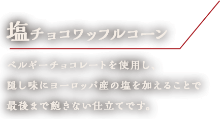 塩チョコワッフルコーン　ベルギーチョコレートを使用し、隠し味にヨーロッパ産の塩を加えることで最後まで飽きない仕立てです。