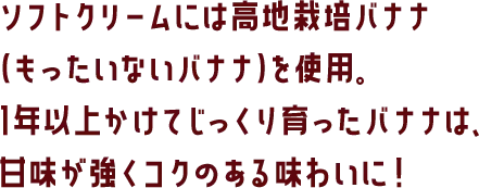 ソフトクリームには高地栽培バナナ(もったいないバナナ)を使用。1年以上かけてじっくり育ったバナナは、甘味が強くコクのある味わいに！