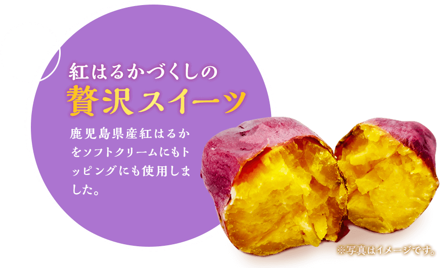 紅はるかづくしの贅沢スイーツ 鹿児島県産紅はるかをソフトクリームにもトッピングにも使用しました。