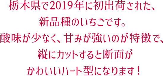 栃木県で2019年に初出荷された、新品種のいちごです。酸味が少なく、甘みが強いのが特徴で、縦にカットすると断面がかわいいハート型になります！