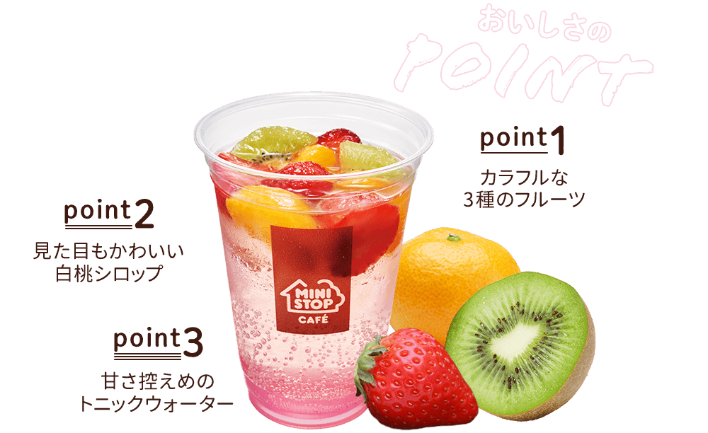 おいしさのポイント　point1 カラフルな3種のフルーツ　point2 見た目もかわいい白桃シロップ　point3 甘さ控えめのトニックウォーター